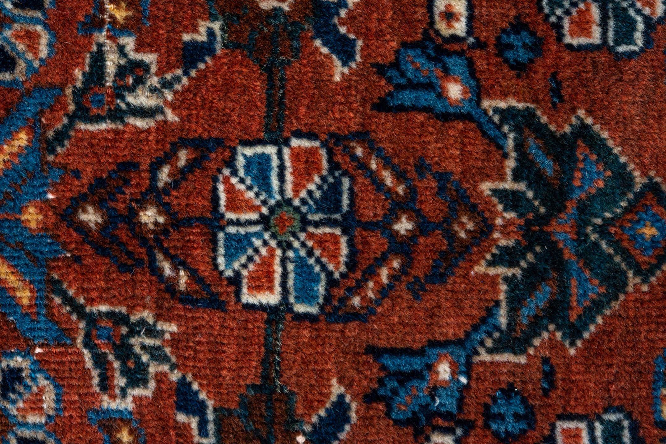 3' x 5' one-of-a-kind handmade vintage Shiraz small size rug. Color palette: rust, turquoise, navy, ivory, camel, brown