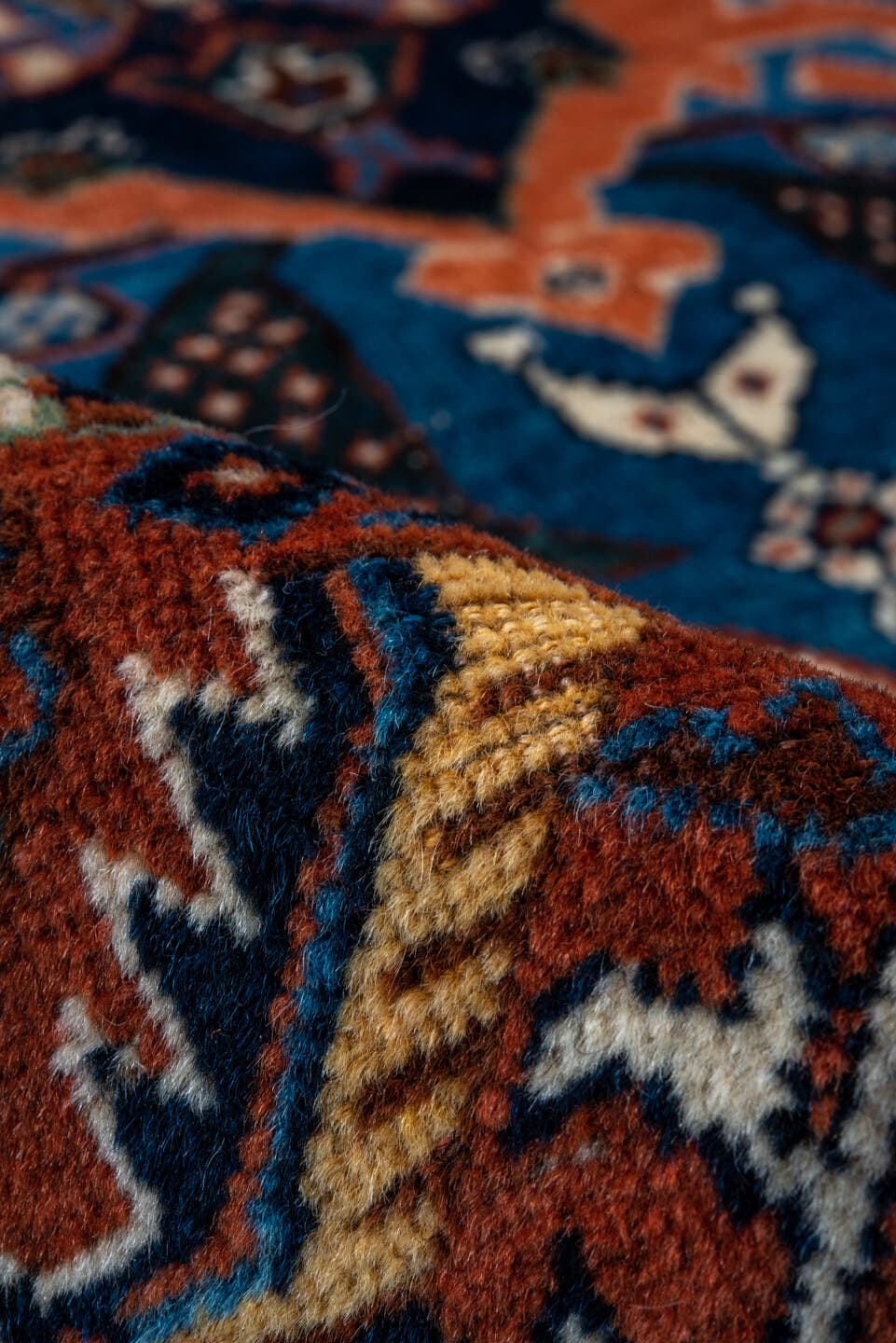 3' x 5' one-of-a-kind handmade vintage Shiraz small size rug. Color palette: rust, turquoise, navy, ivory, camel, brown