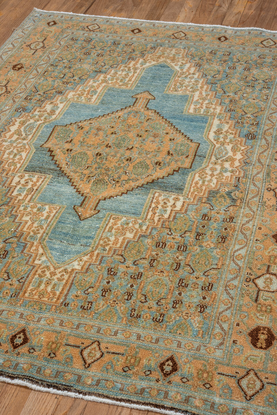 3' x 5' one-of-a-kind handmade vintage Senne small size rug. Color palette: camel, sky blue, ivory, taupe, brown, sage