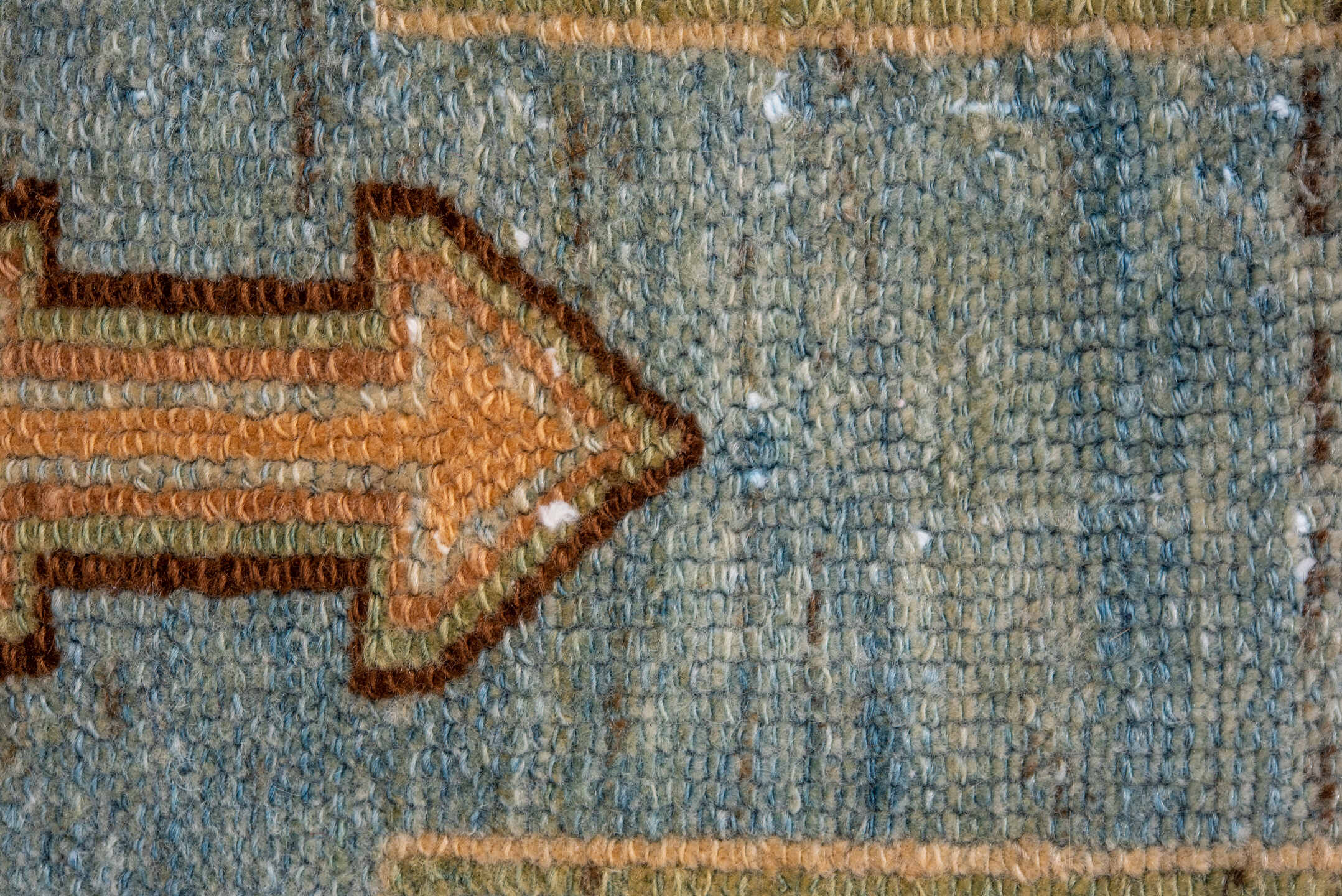 3' x 5' one-of-a-kind handmade vintage Senne small size rug. Color palette: camel, sky blue, ivory, taupe, brown, sage