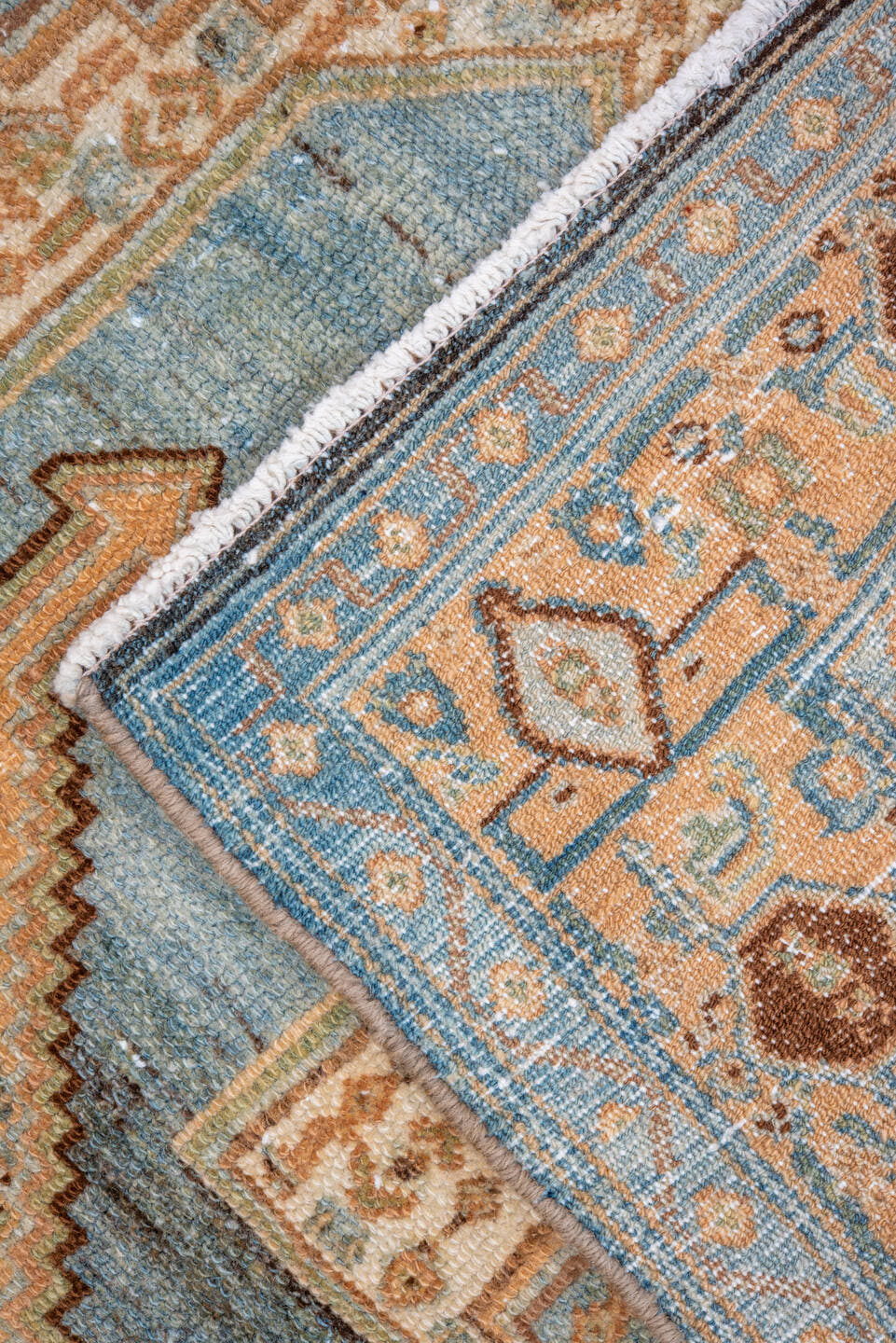 3' x 5' one-of-a-kind handmade vintage Senne small size rug. Color palette: camel, sky blue, ivory, taupe, brown, sage