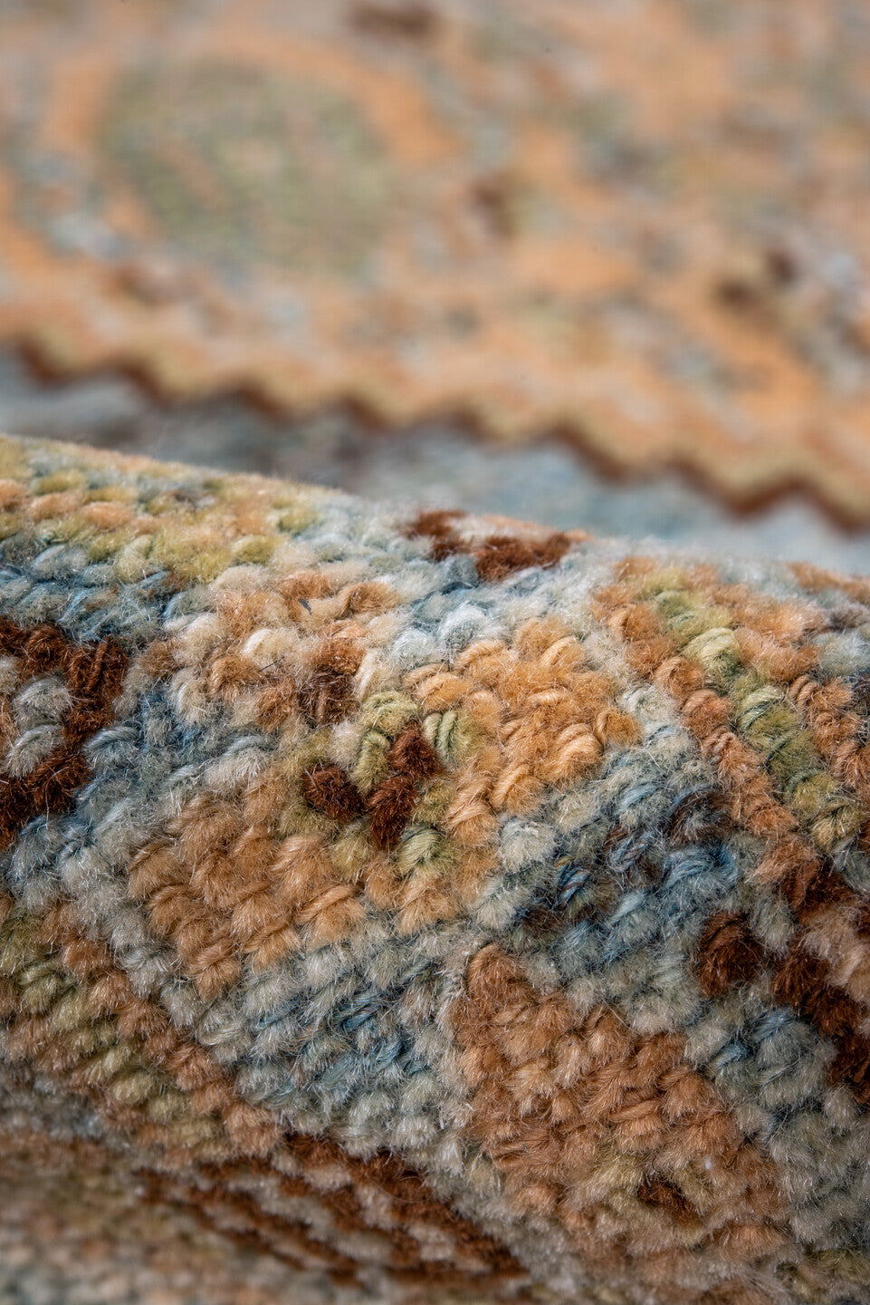 3' x 5' one-of-a-kind handmade vintage Senne small size rug. Color palette: camel, sky blue, ivory, taupe, brown, sage