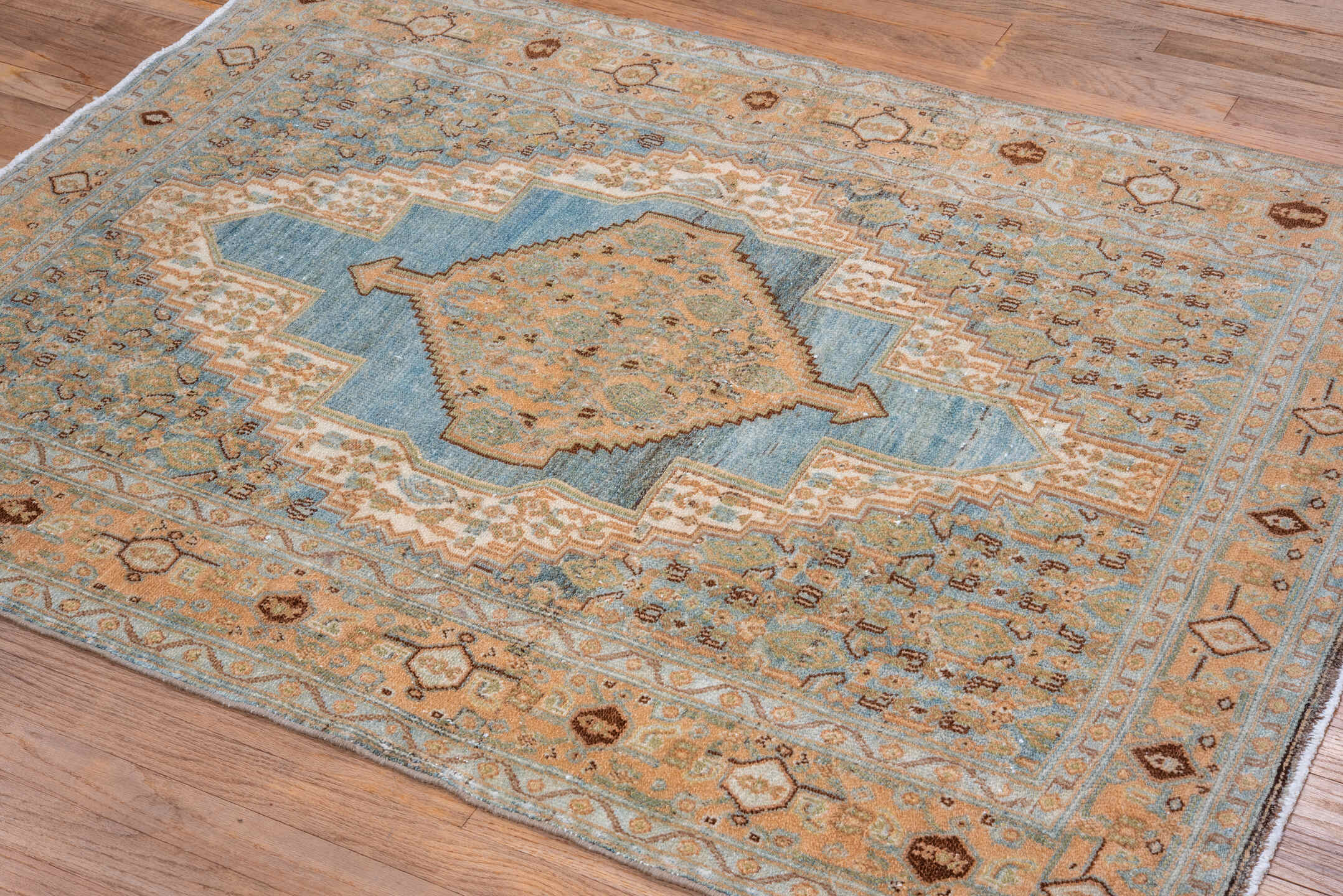 3' x 5' one-of-a-kind handmade vintage Senne small size rug. Color palette: camel, sky blue, ivory, taupe, brown, sage
