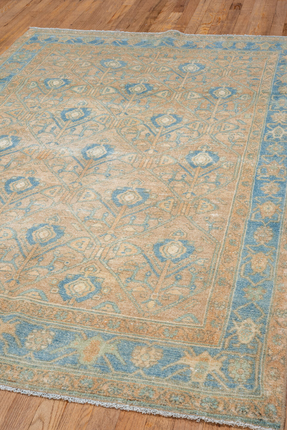 4' x 7' one-of-a-kind handmade vintage Malayer rug. Color palette: beige, sky blue, ivory, tan, camel, light blue