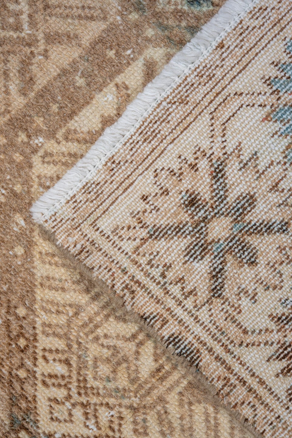 5' x 10' one-of-a-kind handmade vintage Baktiary medium size rug. Color palette: camel, ivory, taupe, brown, sky_blue, beige