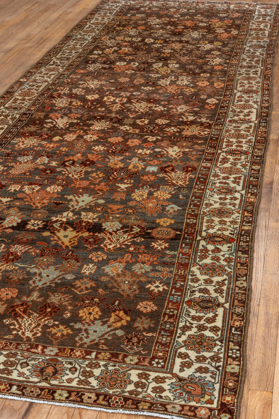 4' x 13' one-of-a-kind handmade vintage Malayer runner rug. Color palette: brown, ivory, rust, terra cotta, charcoal, camel