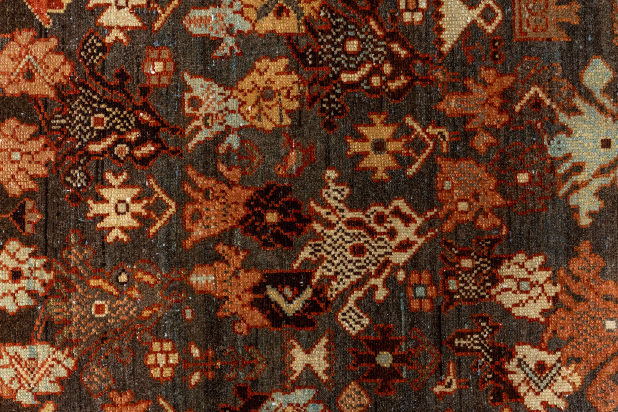 4' x 13' one-of-a-kind handmade vintage Malayer runner rug. Color palette: brown, ivory, rust, terra cotta, charcoal, camel