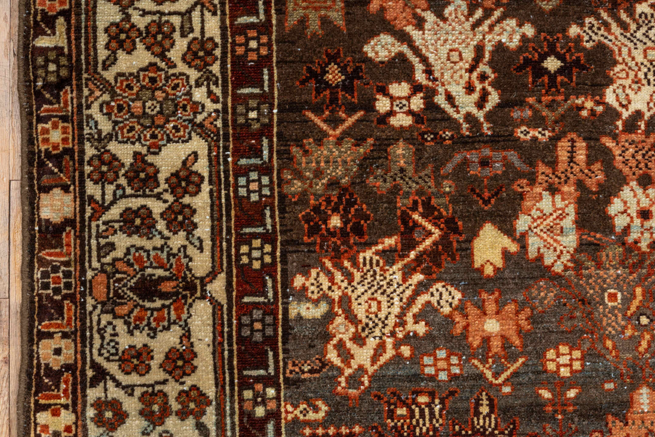4' x 13' one-of-a-kind handmade vintage Malayer runner rug. Color palette: brown, ivory, rust, terra cotta, charcoal, camel