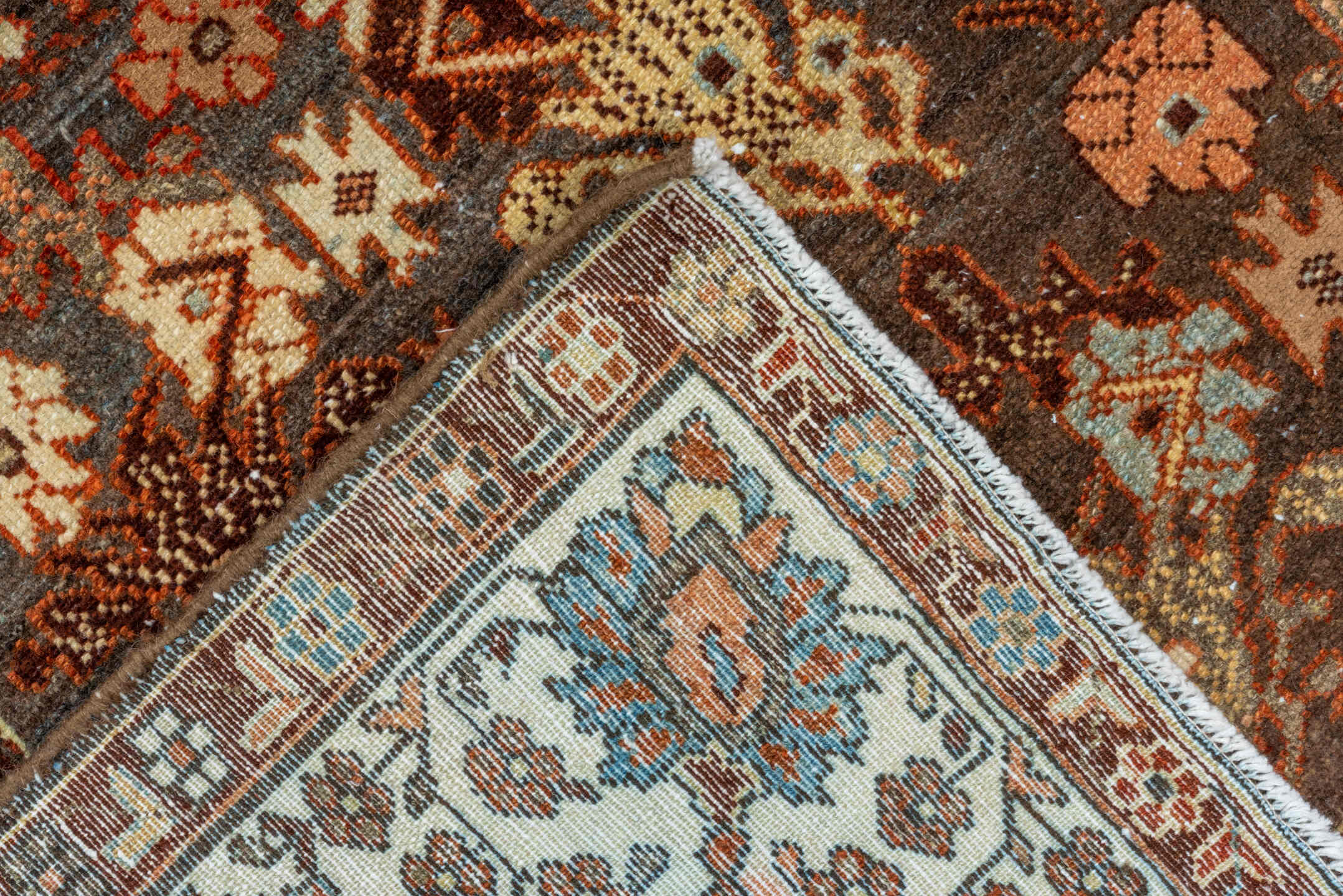 4' x 13' one-of-a-kind handmade vintage Malayer runner rug. Color palette: brown, ivory, rust, terra cotta, charcoal, camel