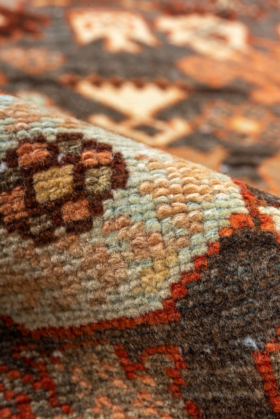 4' x 13' one-of-a-kind handmade vintage Malayer runner rug. Color palette: brown, ivory, rust, terra cotta, charcoal, camel