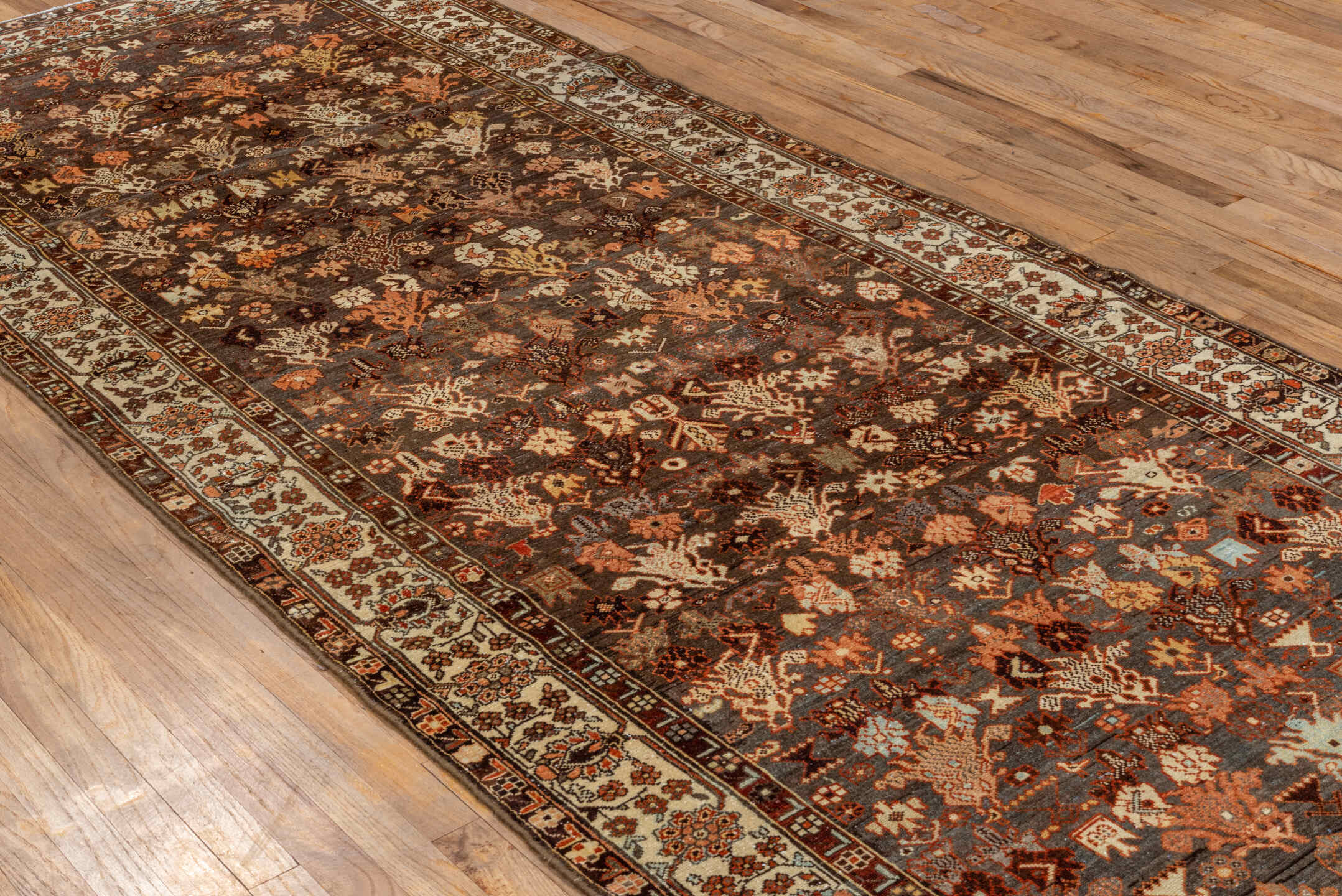 4' x 13' one-of-a-kind handmade vintage Malayer runner rug. Color palette: brown, ivory, rust, terra cotta, charcoal, camel