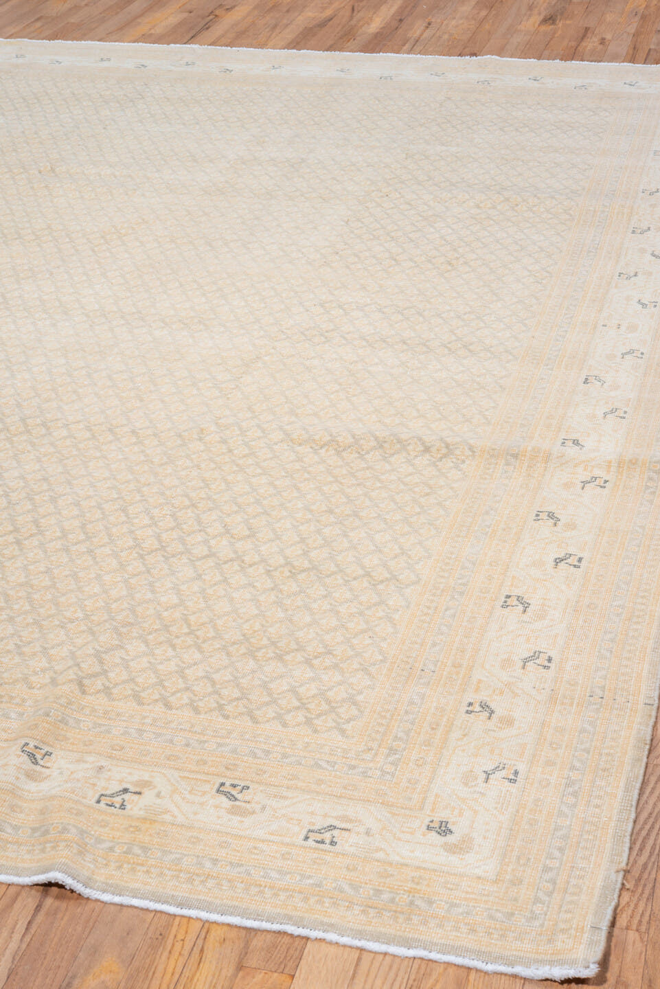 7' x 11' one-of-a-kind handmade vintage Saraband large size rug. Color palette: ivory, cream, sand, beige, taupe, camel
