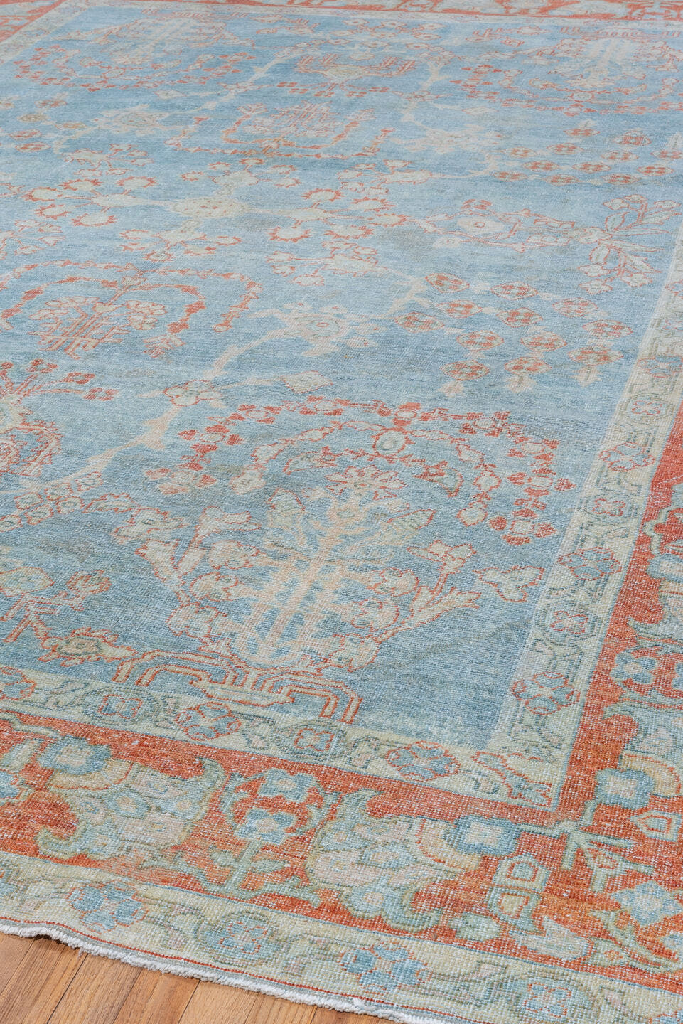 8' x 12' one-of-a-kind handmade vintage Mahal large size rug. Color palette: sky blue, ivory, rust, pale blue, coral, cream