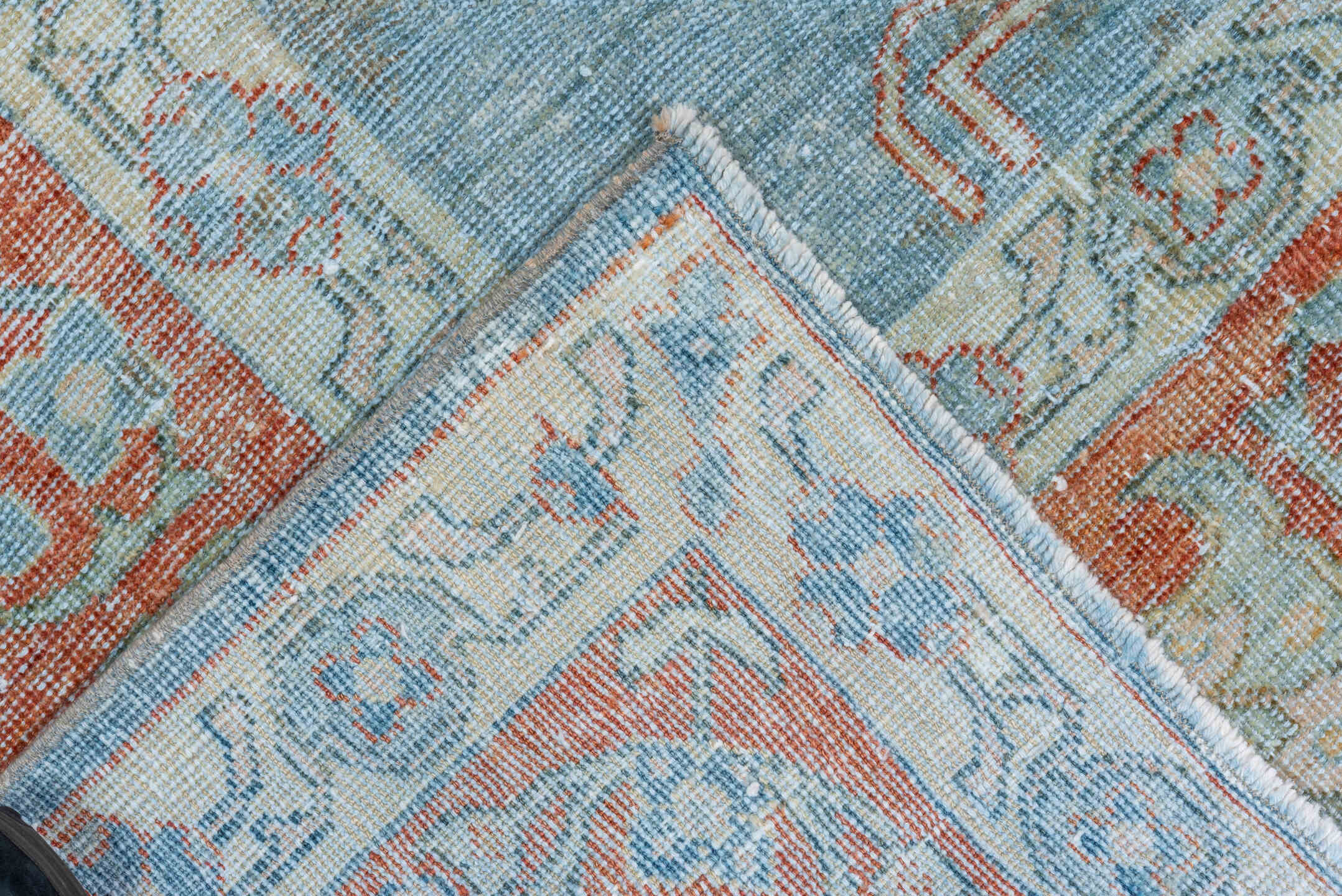 8' x 12' one-of-a-kind handmade vintage Mahal large size rug. Color palette: sky blue, ivory, rust, pale blue, coral, cream