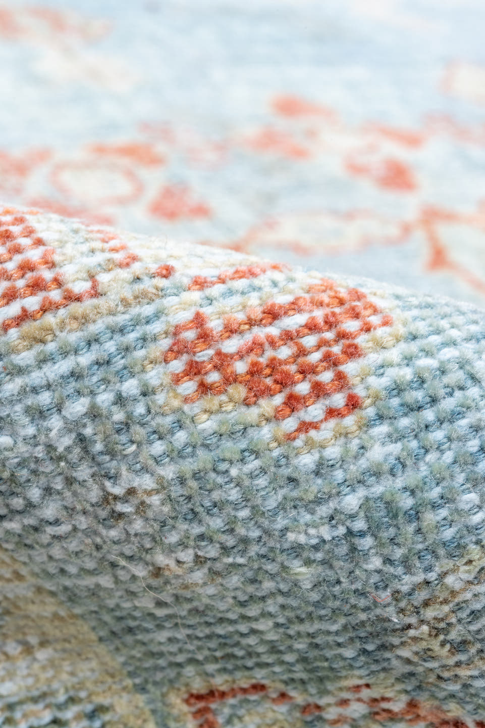 8' x 12' one-of-a-kind handmade vintage Mahal large size rug. Color palette: sky blue, ivory, rust, pale blue, coral, cream