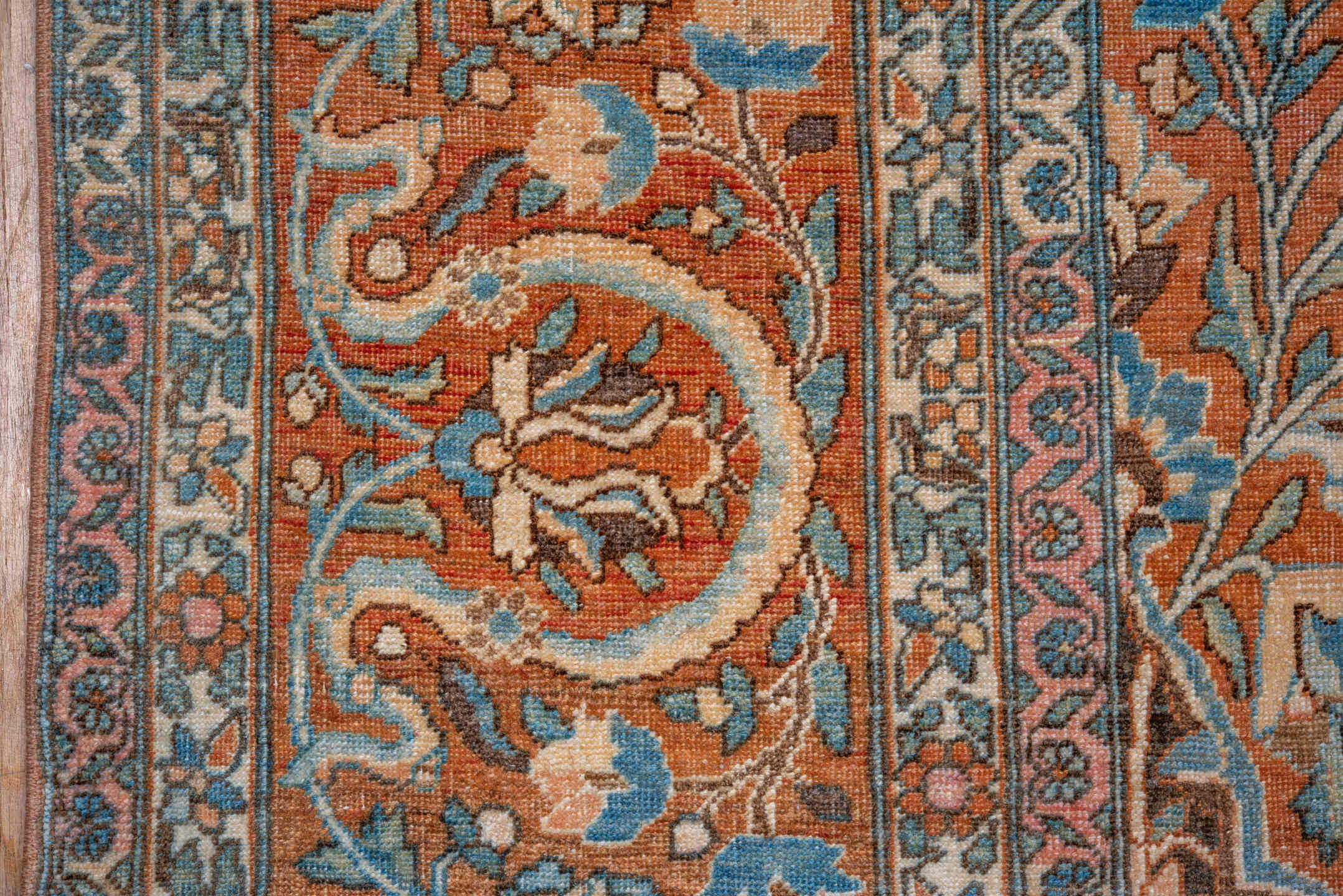 12' x 17' one-of-a-kind handmade vintage Baktiary oversize rug. Color palette: rust, charcoal, sky blue, ivory, taupe, camel