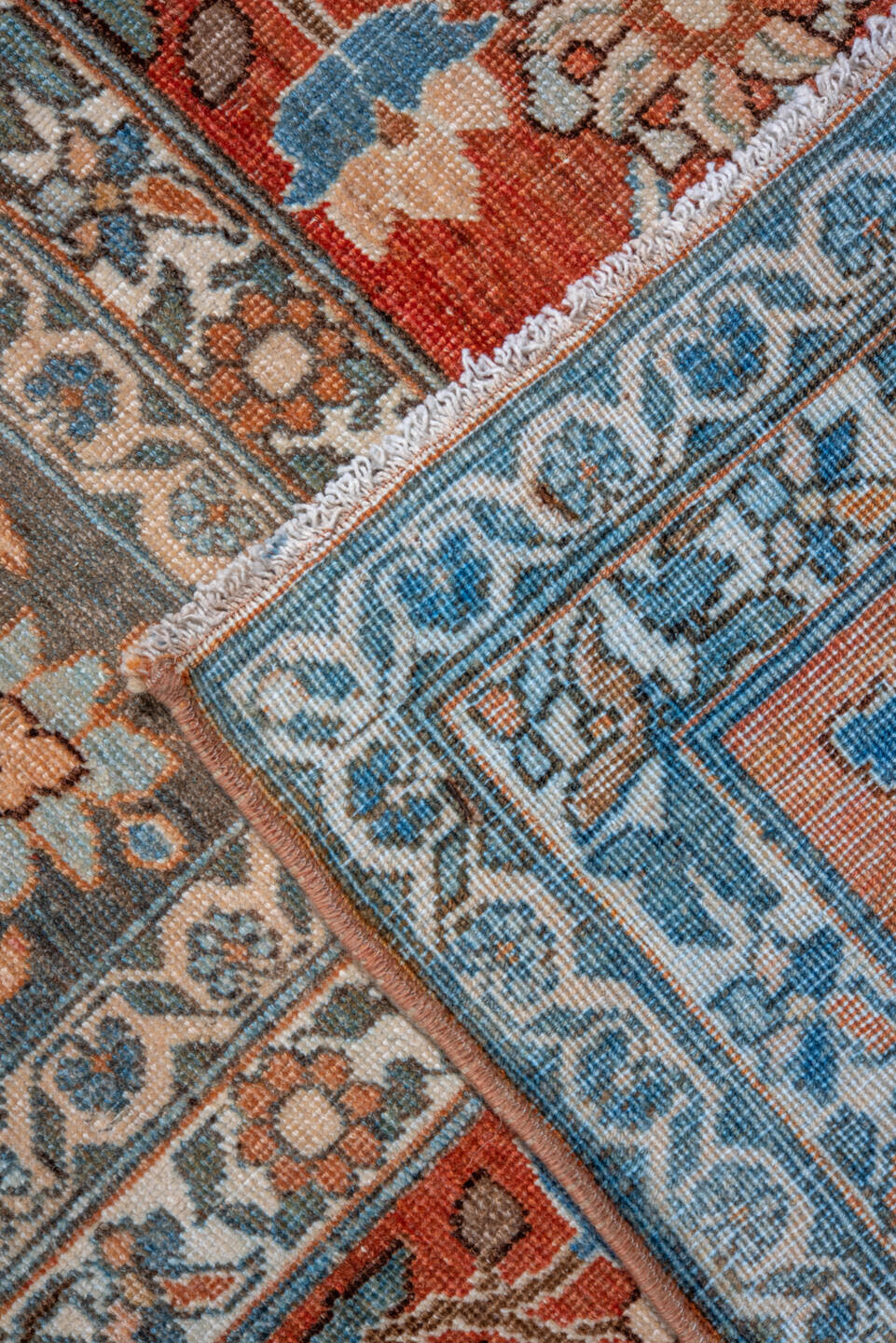 12' x 17' one-of-a-kind handmade vintage Baktiary oversize rug. Color palette: rust, charcoal, sky blue, ivory, taupe, camel