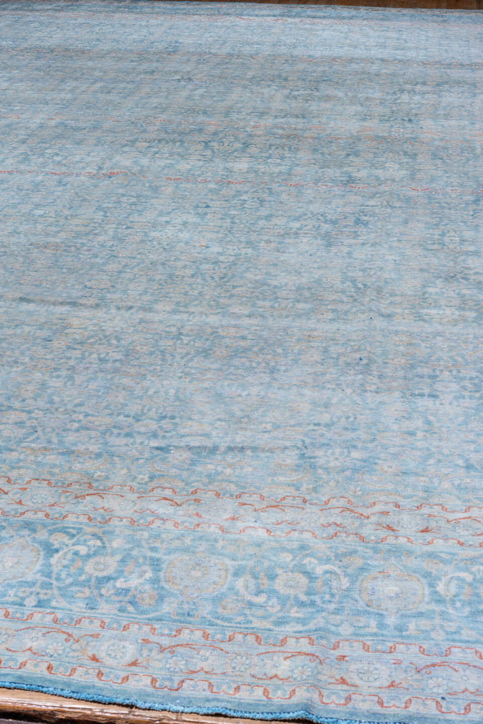 12' x 19' one-of-a-kind handmade vintage Tabriz oversize rug. Color palette: pale blue, ivory, blush, sky blue, cream