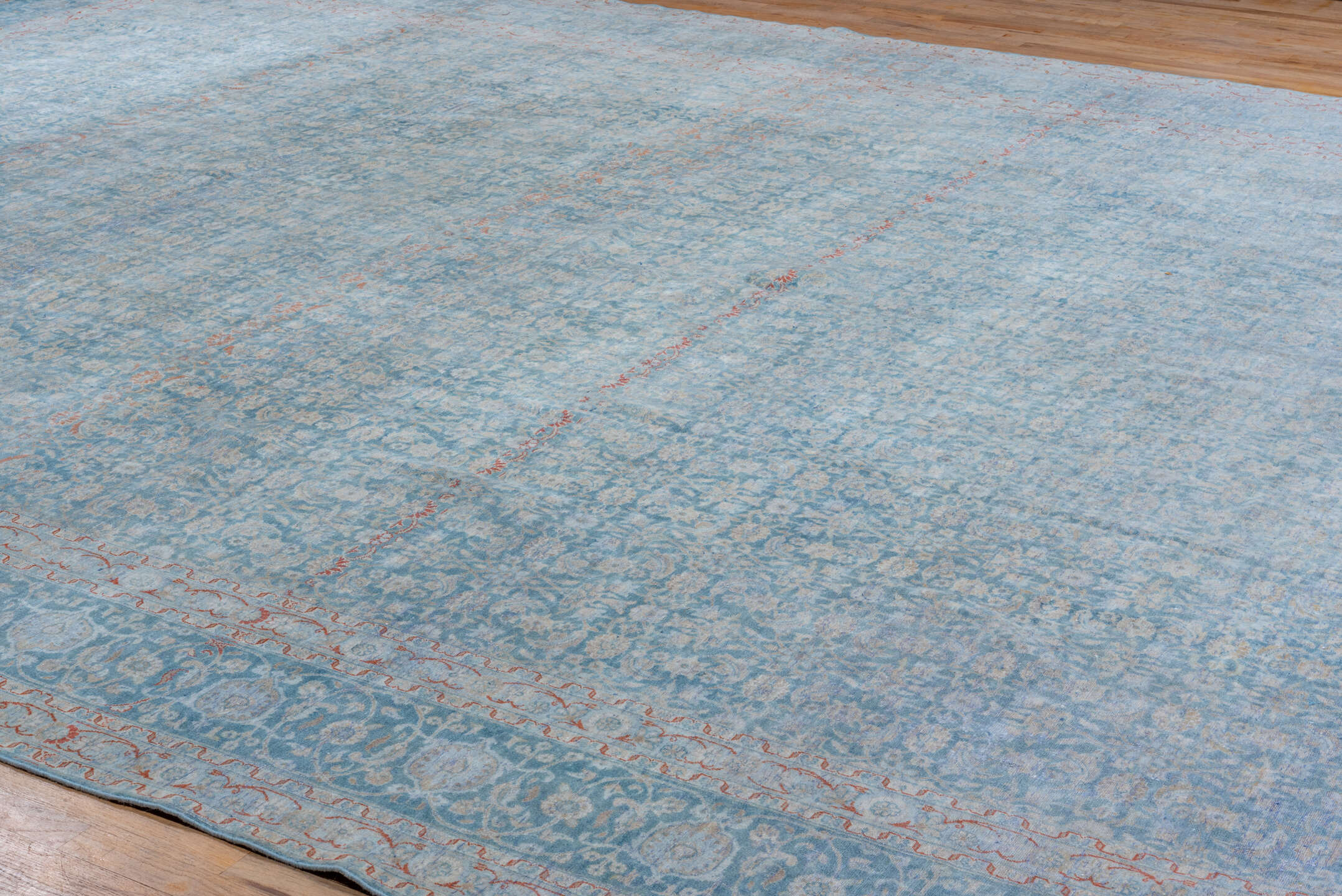 12' x 19' one-of-a-kind handmade vintage Tabriz oversize rug. Color palette: pale blue, ivory, blush, sky blue, cream