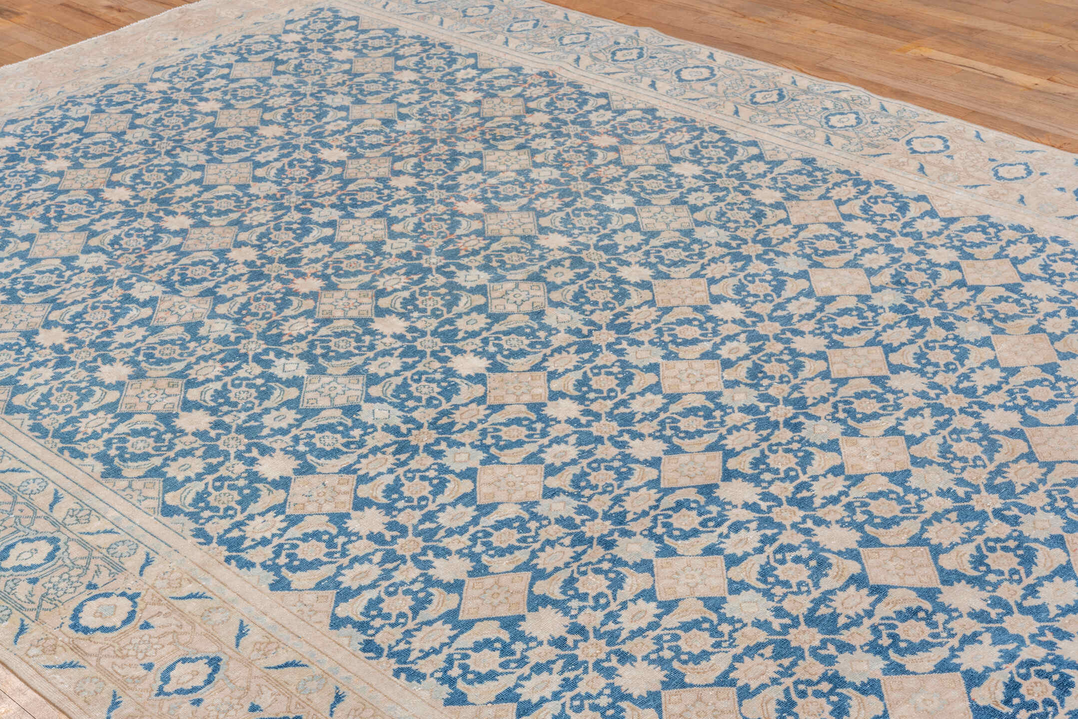 7' x 10' one-of-a-kind handmade vintage Tabriz large size rug. Color palette: ivory, sky blue, beige, cream, taupe