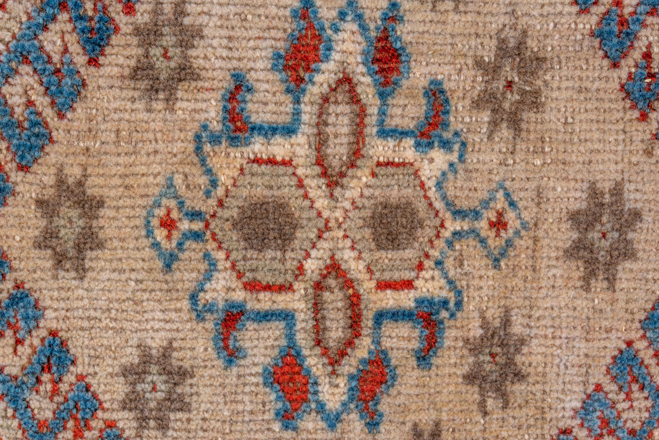 7' x 10' one-of-a-kind handmade vintage Shiraz large size rug. Color palette: blue, ivory, rust, light blue, camel, taupe