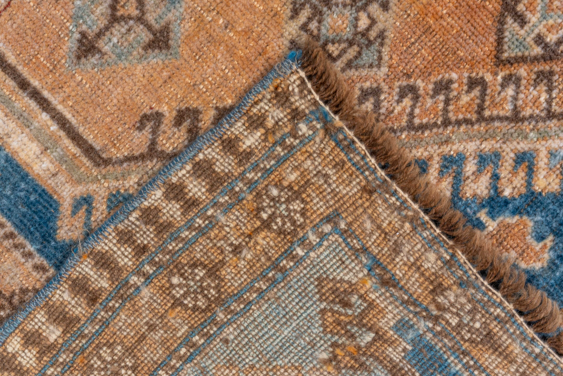 7' x 10' one-of-a-kind handmade vintage Shiraz large size rug. Color palette: blue, ivory, rust, light blue, camel, taupe