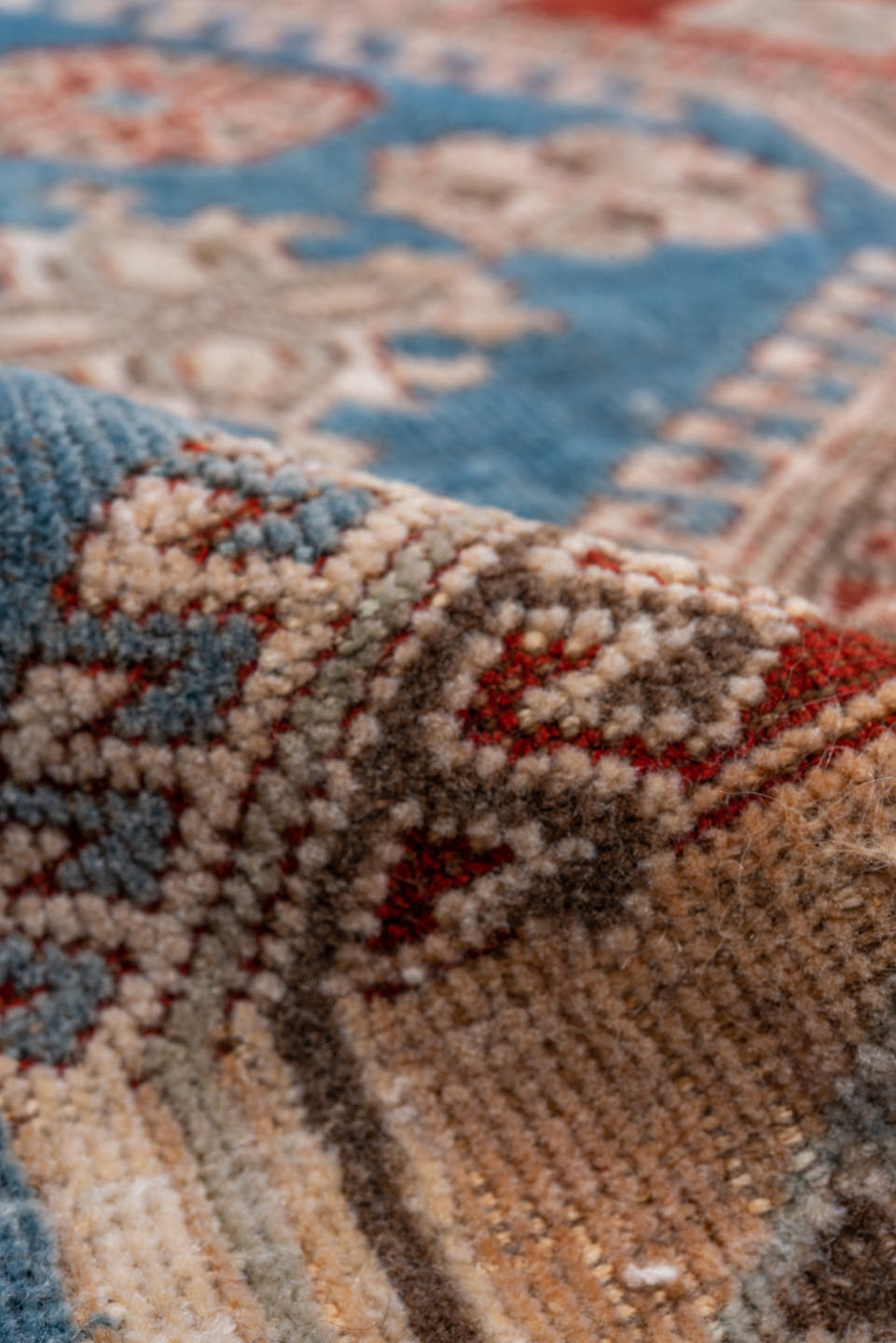 7' x 10' one-of-a-kind handmade vintage Shiraz large size rug. Color palette: blue, ivory, rust, light blue, camel, taupe