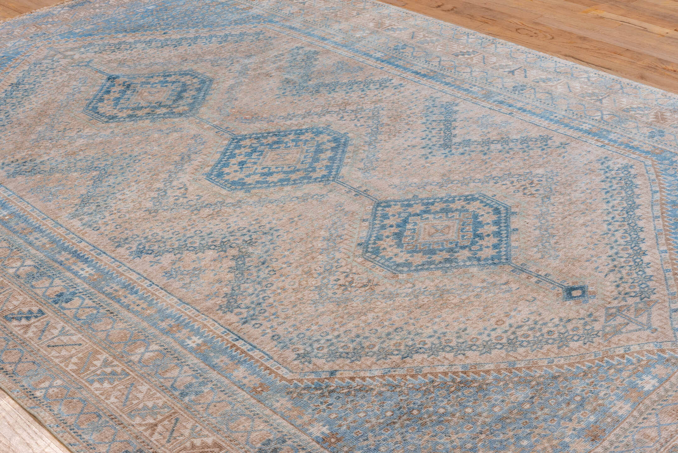 6' x 10' one-of-a-kind handmade vintage Shiraz large size rug. Color palette: ivory, sky blue, taupe, beige, slate, camel