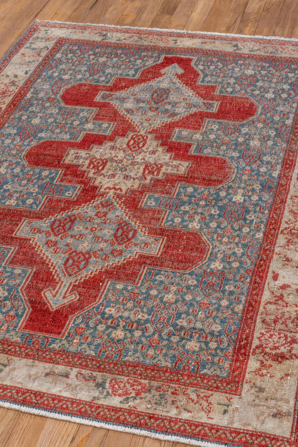 3' x 4' one-of-a-kind handmade vintage Senne small size rug. Color palette: sky blue, rust, ivory, slate, terracotta