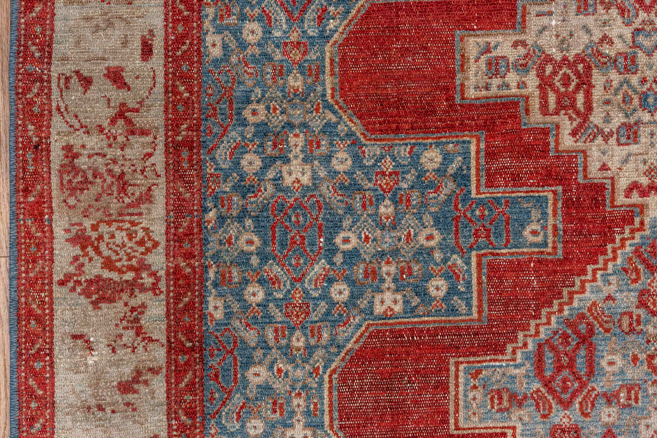 3' x 4' one-of-a-kind handmade vintage Senne small size rug. Color palette: sky blue, rust, ivory, slate, terracotta