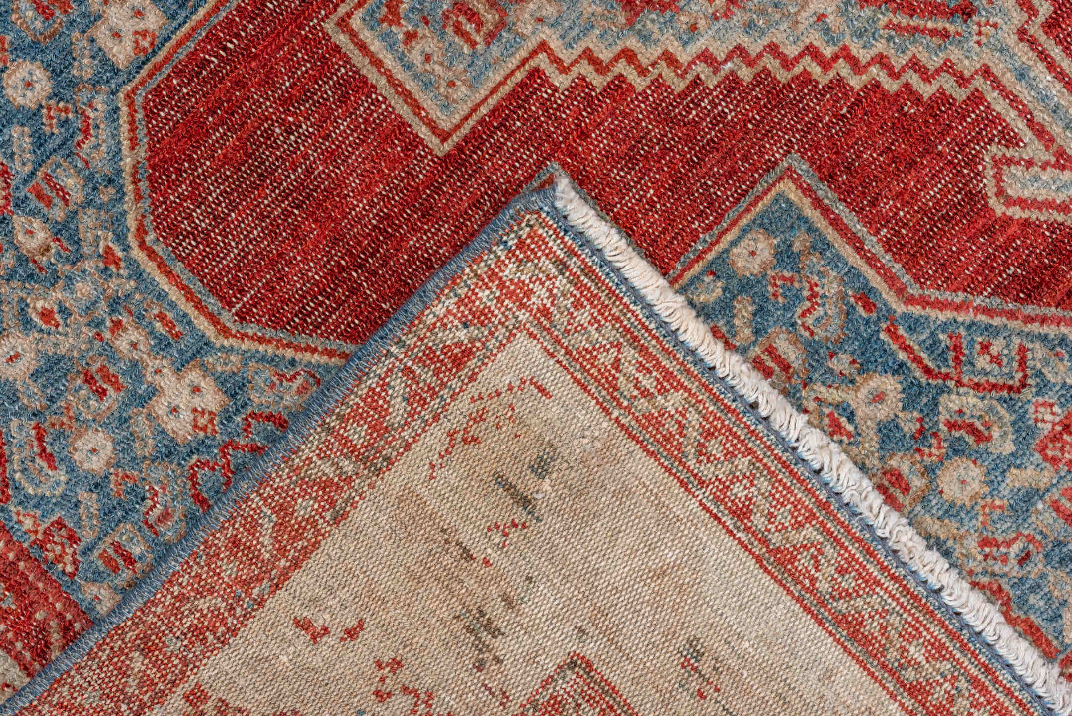 3' x 4' one-of-a-kind handmade vintage Senne small size rug. Color palette: sky blue, rust, ivory, slate, terracotta