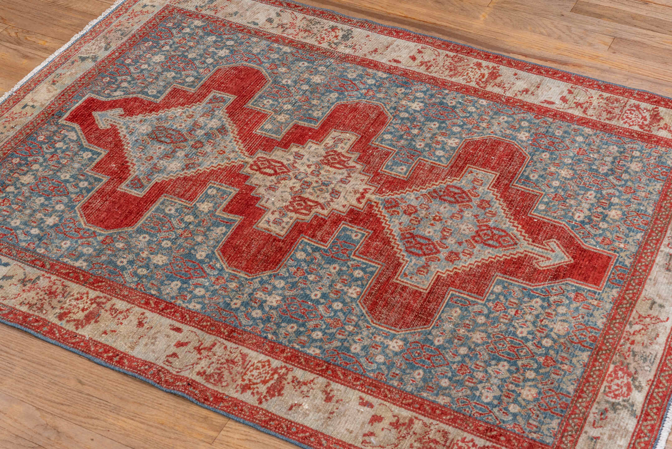 3' x 4' one-of-a-kind handmade vintage Senne small size rug. Color palette: sky blue, rust, ivory, slate, terracotta
