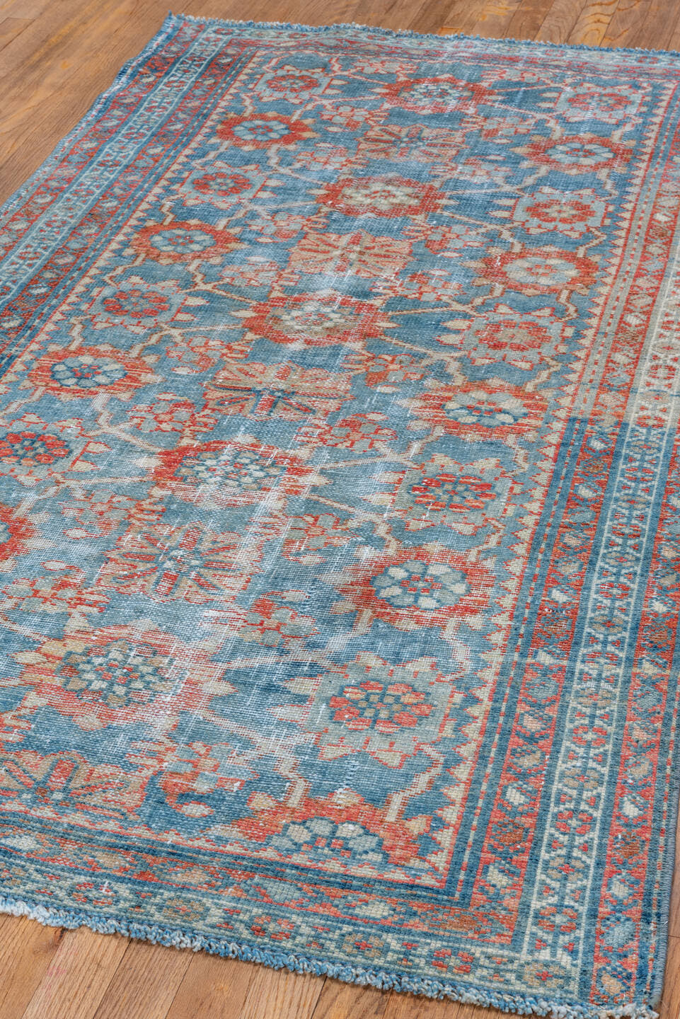 3' x 6' one-of-a-kind handmade vintage Malayer small size rug. Color palette: sky blue, rust, ivory, coral, slate, teal