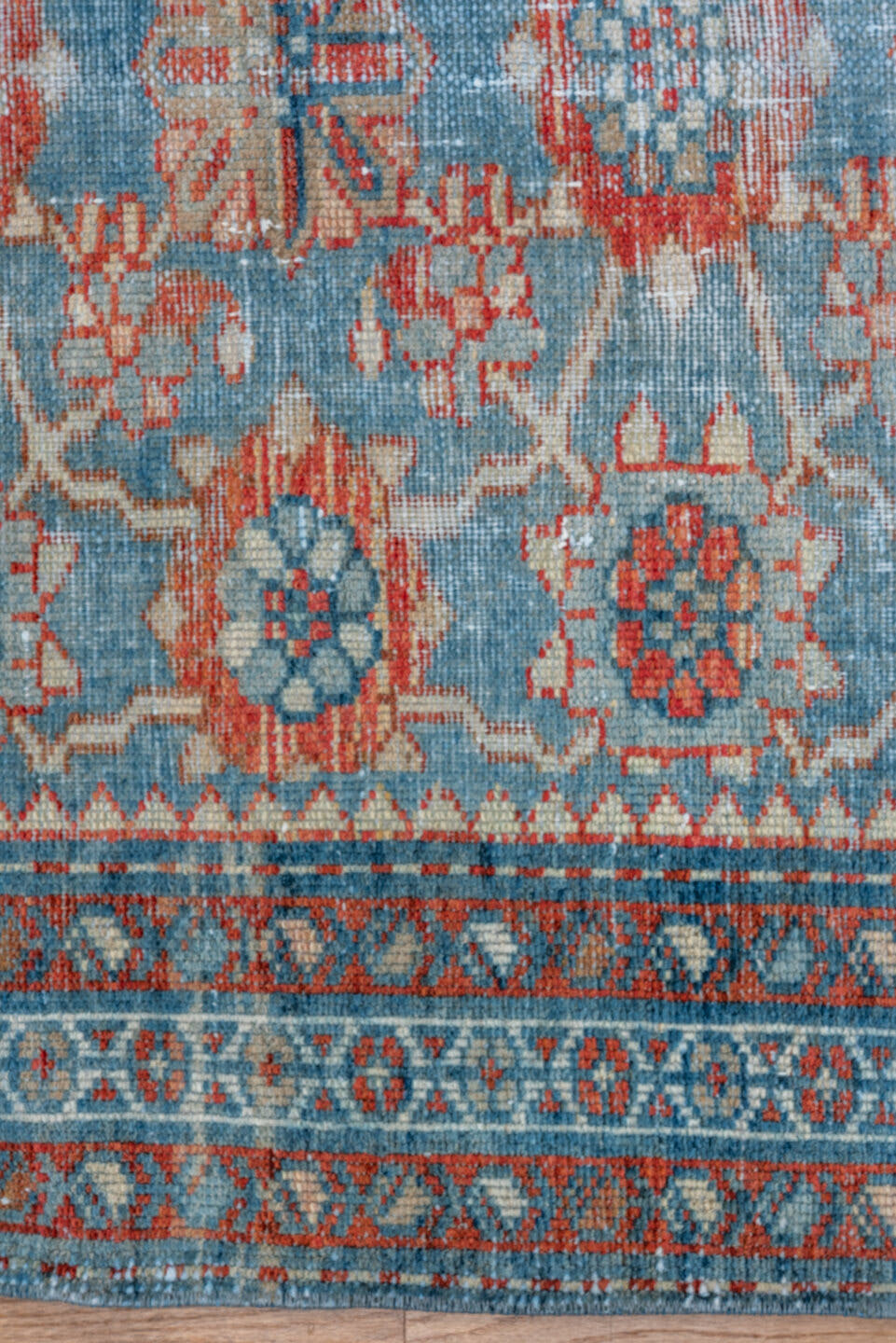 3' x 6' one-of-a-kind handmade vintage Malayer small size rug. Color palette: sky blue, rust, ivory, coral, slate, teal