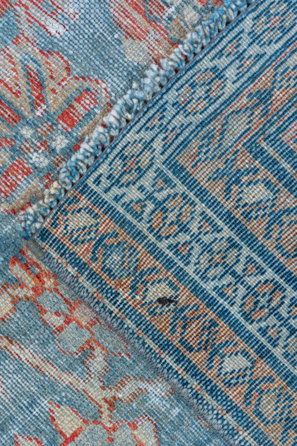 3' x 6' one-of-a-kind handmade vintage Malayer small size rug. Color palette: sky blue, rust, ivory, coral, slate, teal