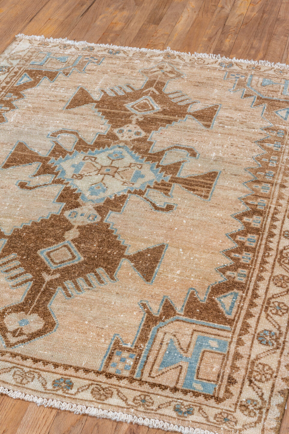 3' x 4' one-of-a-kind handmade vintage Malayer small size rug. Color palette: ivory, camel, sky_blue, taupe, light_blue