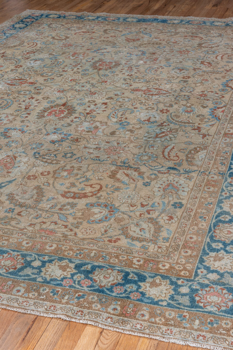 8' x 11' one-of-a-kind handmade vintage Tabriz large size rug. Color palette: ivory, blue, taupe, rust, sky_blue, cream