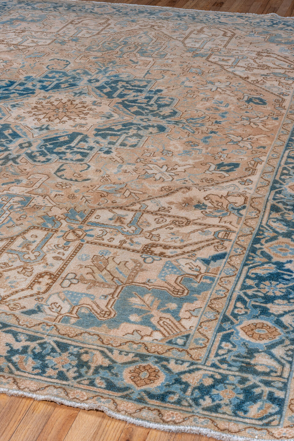 8' x 10' one-of-a-kind handmade vintage Heriz large size rug. Color palette: ivory, sky blue, teal, taupe, camel, beige