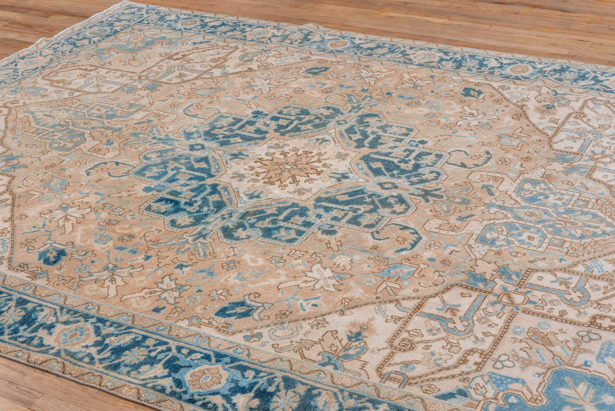 8' x 10' one-of-a-kind handmade vintage Heriz large size rug. Color palette: ivory, sky blue, teal, taupe, camel, beige