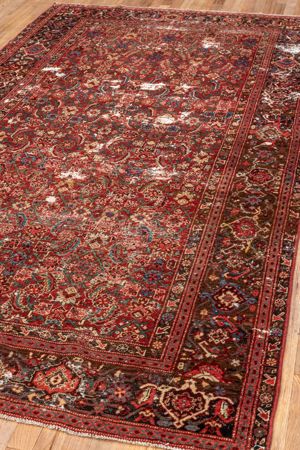 5' x 9' one-of-a-kind handmade vintage Malayer medium size rug. Color palette: rust, brown, ivory, cobalt, terra cotta