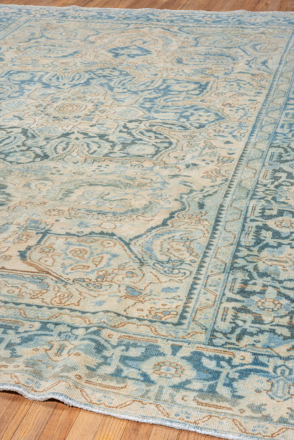 8' x 11' one-of-a-kind handmade vintage Heriz large size rug. Color palette: light blue, ivory, slate, beige, camel, gray