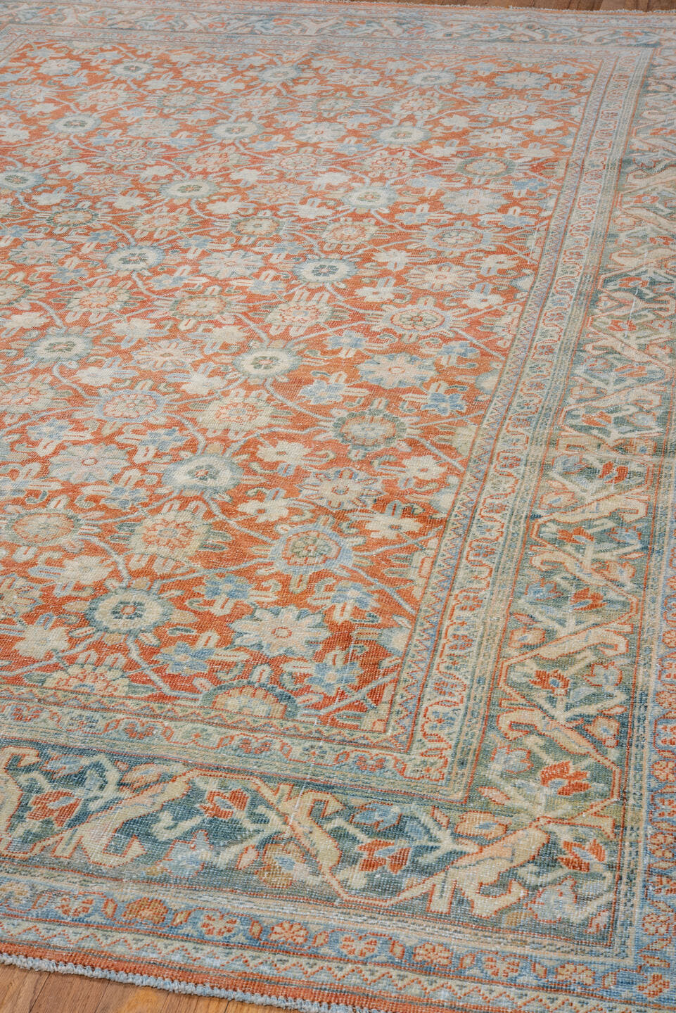 7' x 10' one-of-a-kind handmade vintage Mahal large size rug. Color palette: terra cotta, pale aqua, ivory, beige, sage