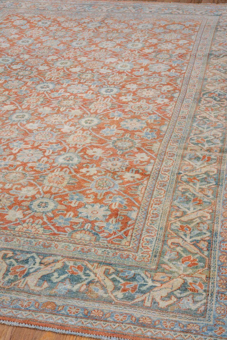 7' x 10' one-of-a-kind handmade vintage Mahal large size rug. Color palette: terra cotta, pale aqua, ivory, beige, sage