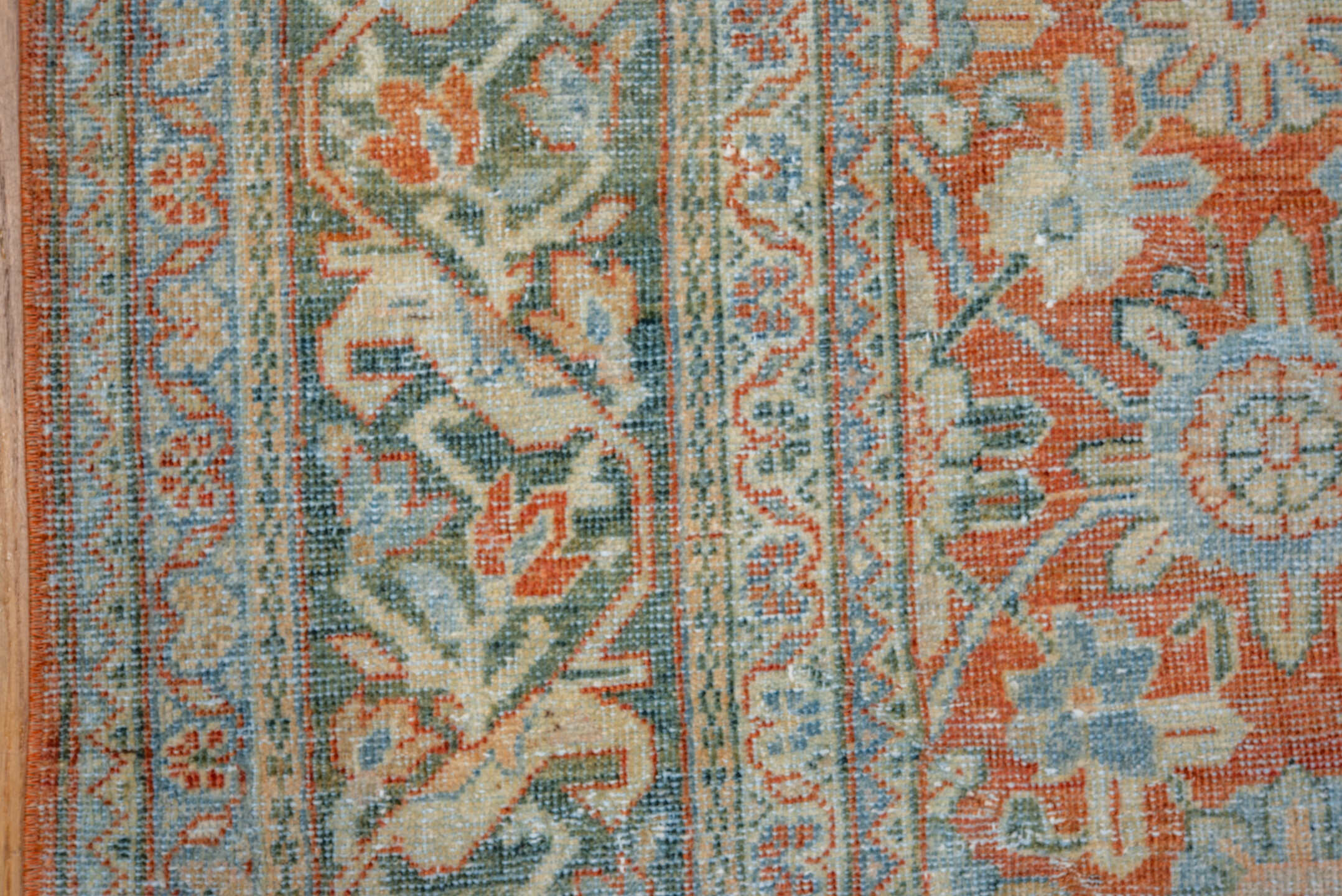 7' x 10' one-of-a-kind handmade vintage Mahal large size rug. Color palette: terra cotta, pale aqua, ivory, beige, sage