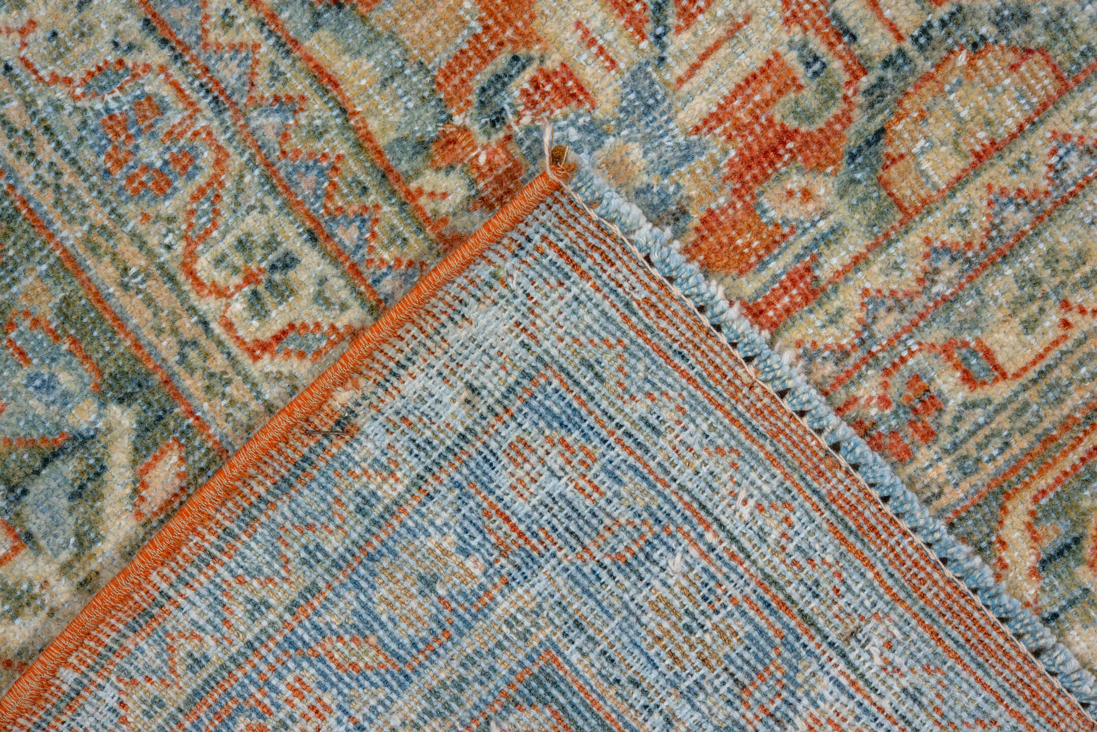7' x 10' one-of-a-kind handmade vintage Mahal large size rug. Color palette: terra cotta, pale aqua, ivory, beige, sage