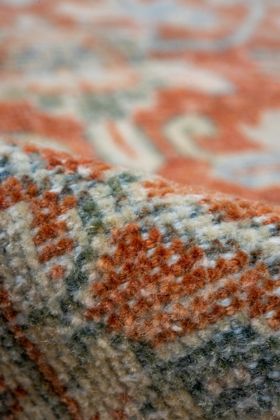 7' x 10' one-of-a-kind handmade vintage Mahal large size rug. Color palette: terra cotta, pale aqua, ivory, beige, sage
