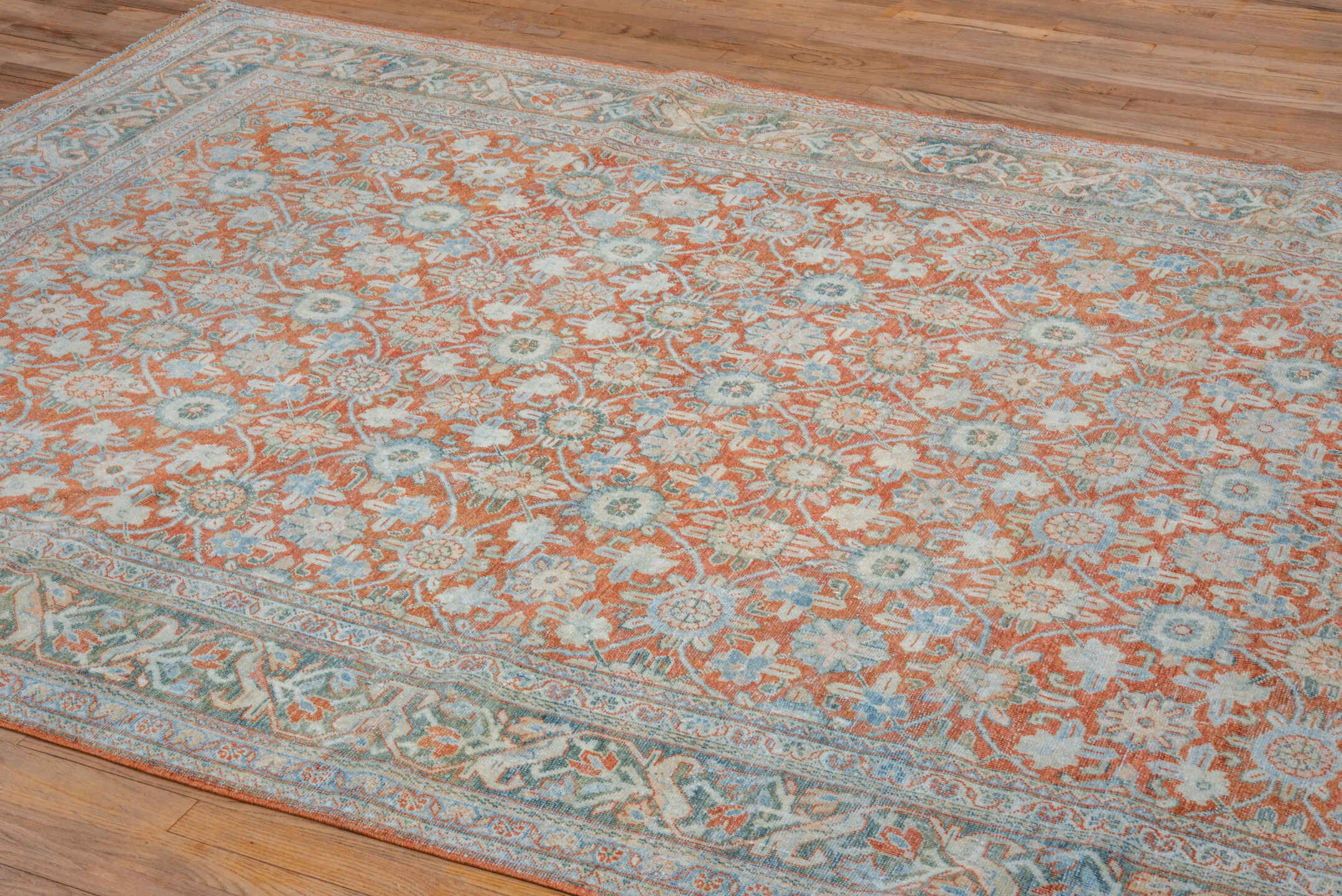 7' x 10' one-of-a-kind handmade vintage Mahal large size rug. Color palette: terra cotta, pale aqua, ivory, beige, sage
