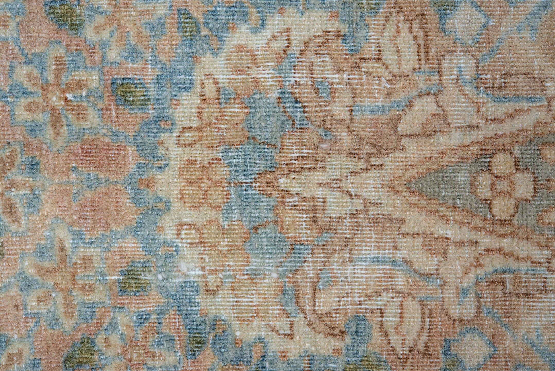 13' x 15' one-of-a-kind handmade vintage Kerman oversize rug. Color palette: ivory, sky blue, beige, taupe, blush, camel