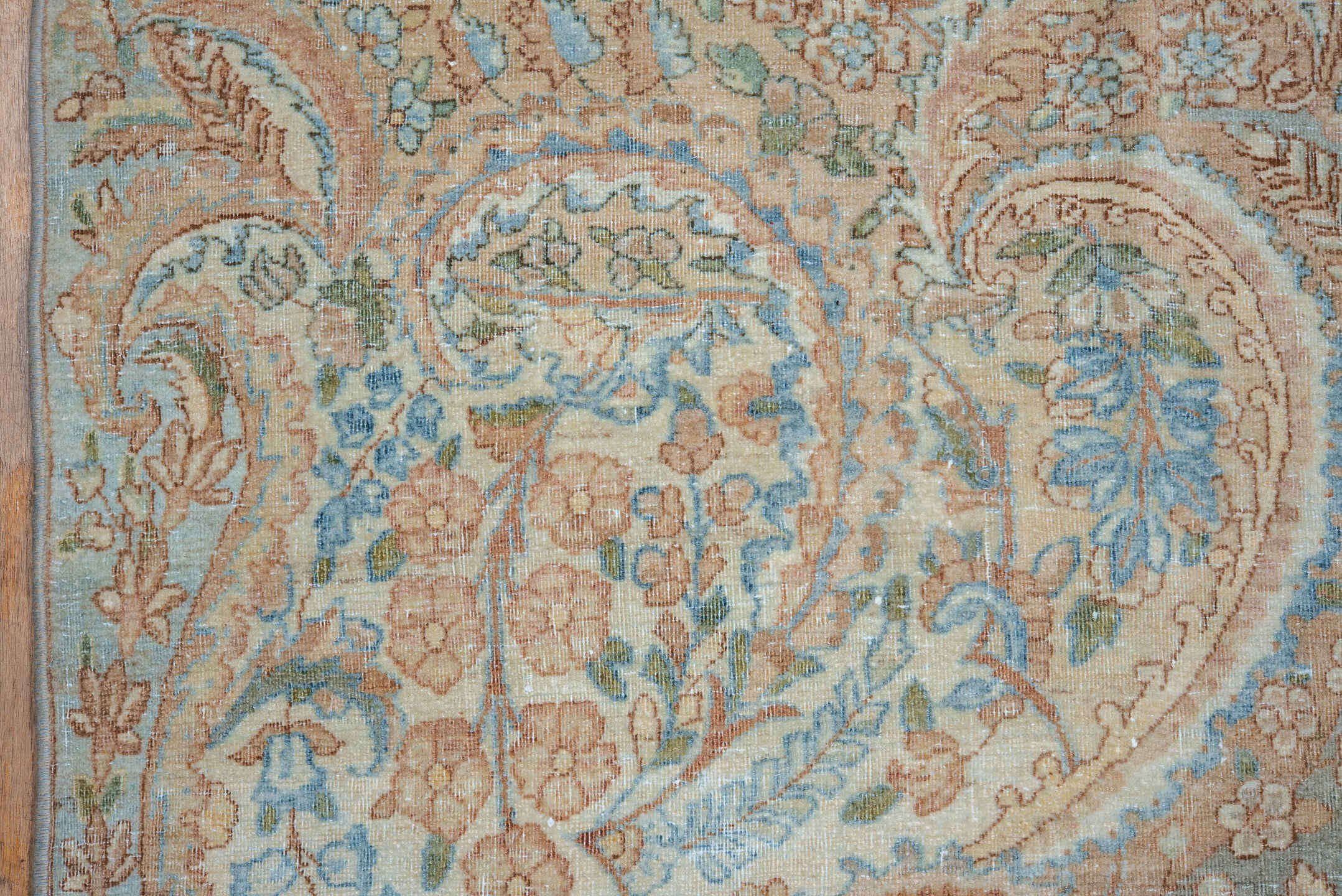 13' x 15' one-of-a-kind handmade vintage Kerman oversize rug. Color palette: ivory, sky blue, beige, taupe, blush, camel