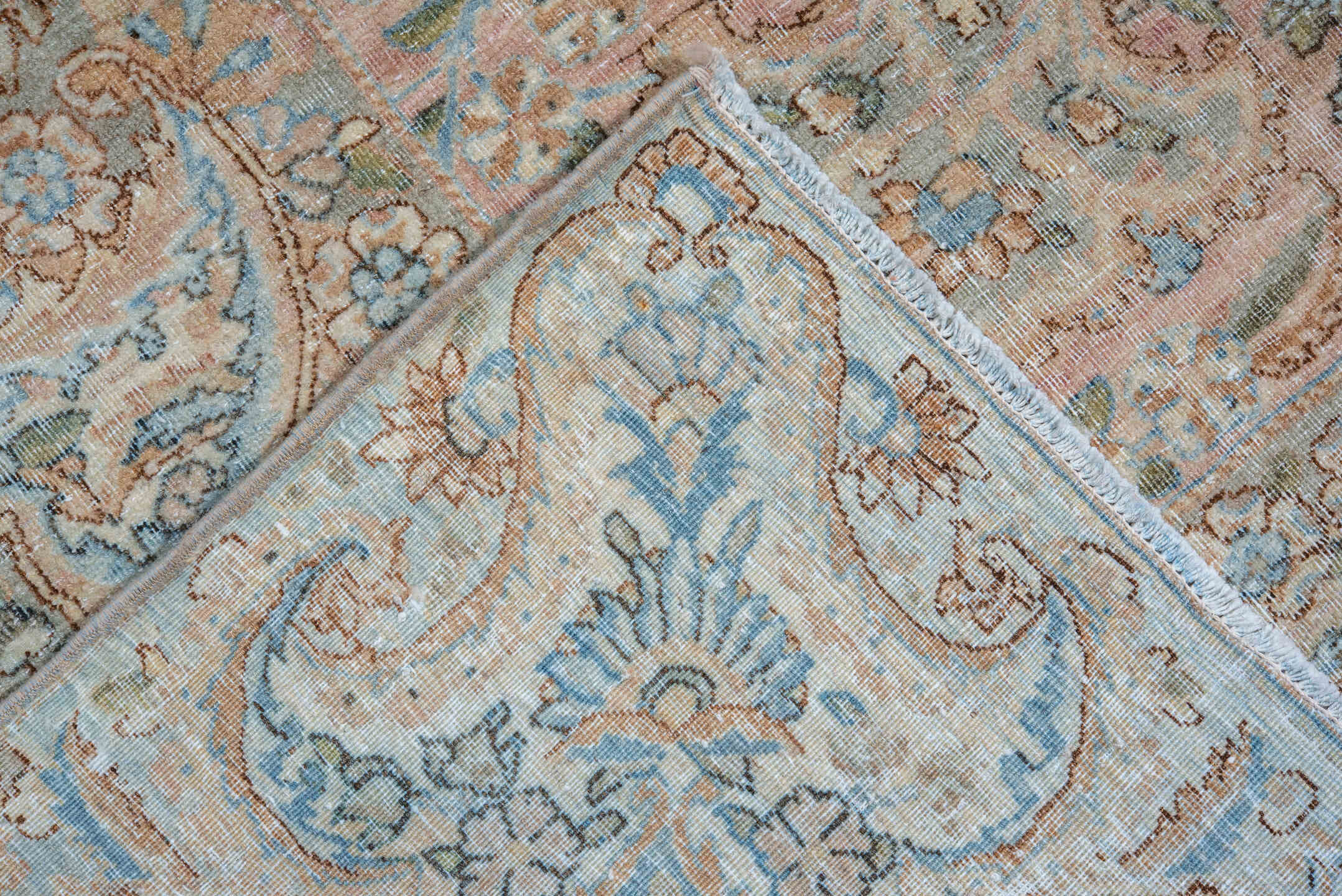 13' x 15' one-of-a-kind handmade vintage Kerman oversize rug. Color palette: ivory, sky blue, beige, taupe, blush, camel